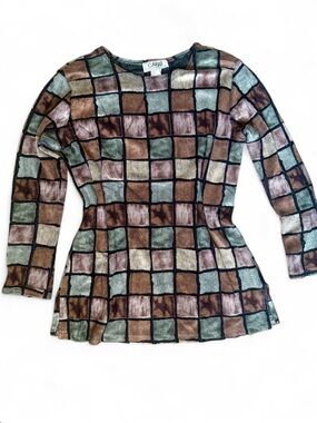 Caviar Square-Print Long Sleeve Top in Brown & Green